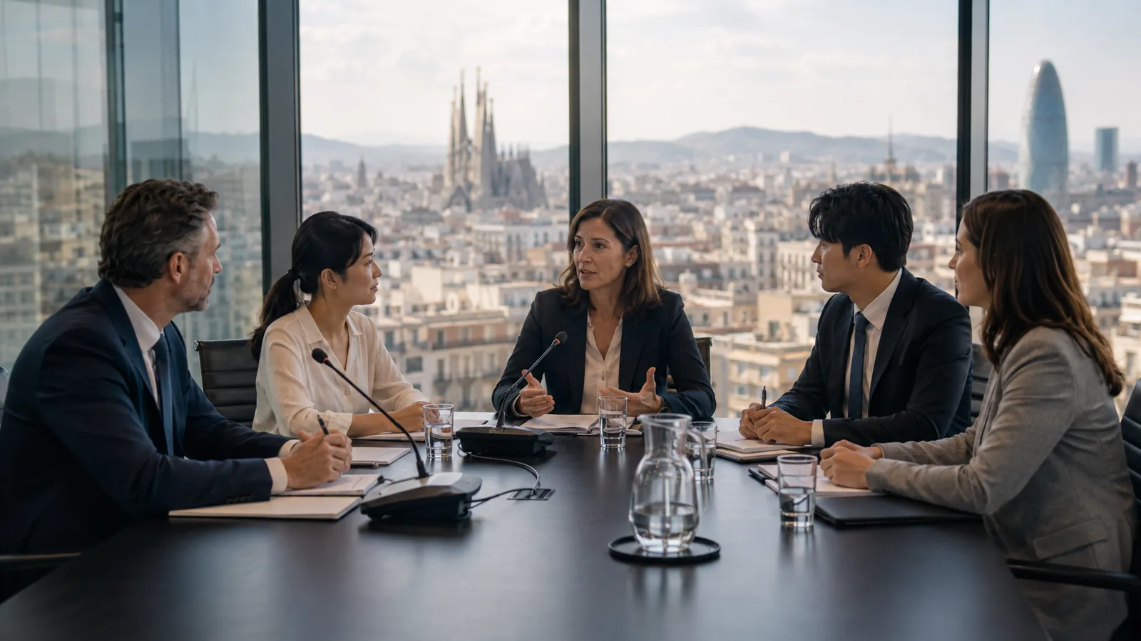 Reunión internacional con intérprete profesional y vistas de Barcelona